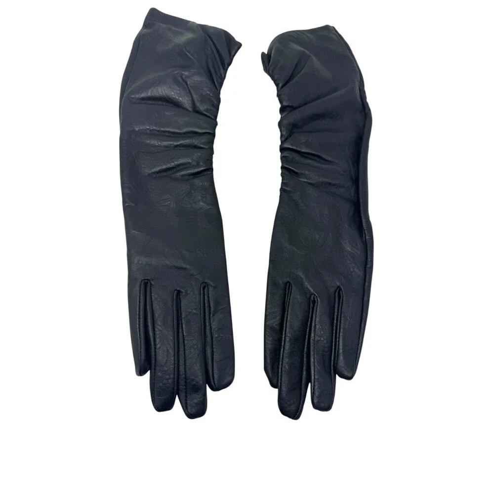 Adolfo Dominguez Black Ruched Leather Long Gloves womens Size 7½
